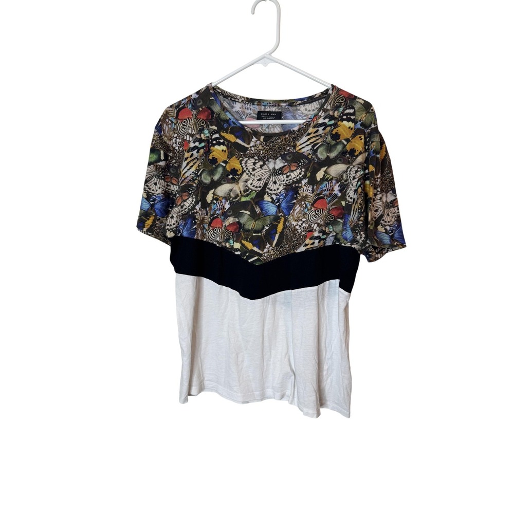 Zara Man Shirt Mens XL White Black Butterfly Graphic Colorblock Made Portugal